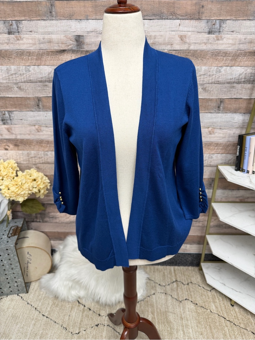 JM Collection Navy Gold Button Cuff Cardigan